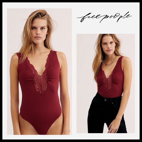 FREE PEOPLE BOHO LACE V-NECK BODYSUIT TOP A2C - Picture 8 of 15